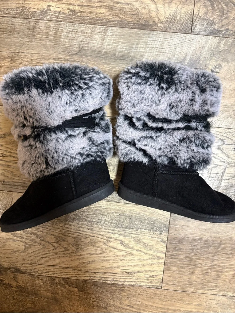 Girls' Black Boots with Gray Faux Fur Cuff and Pom-Poms
